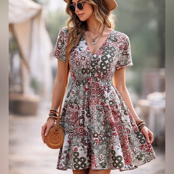 No Boundaries Dresses & Skirts - Boho Floral V-Neck Midi Hippie Dress